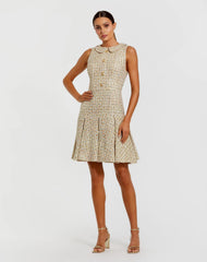 Gold Sleeveless Boucle Mini Dress with Pleats
