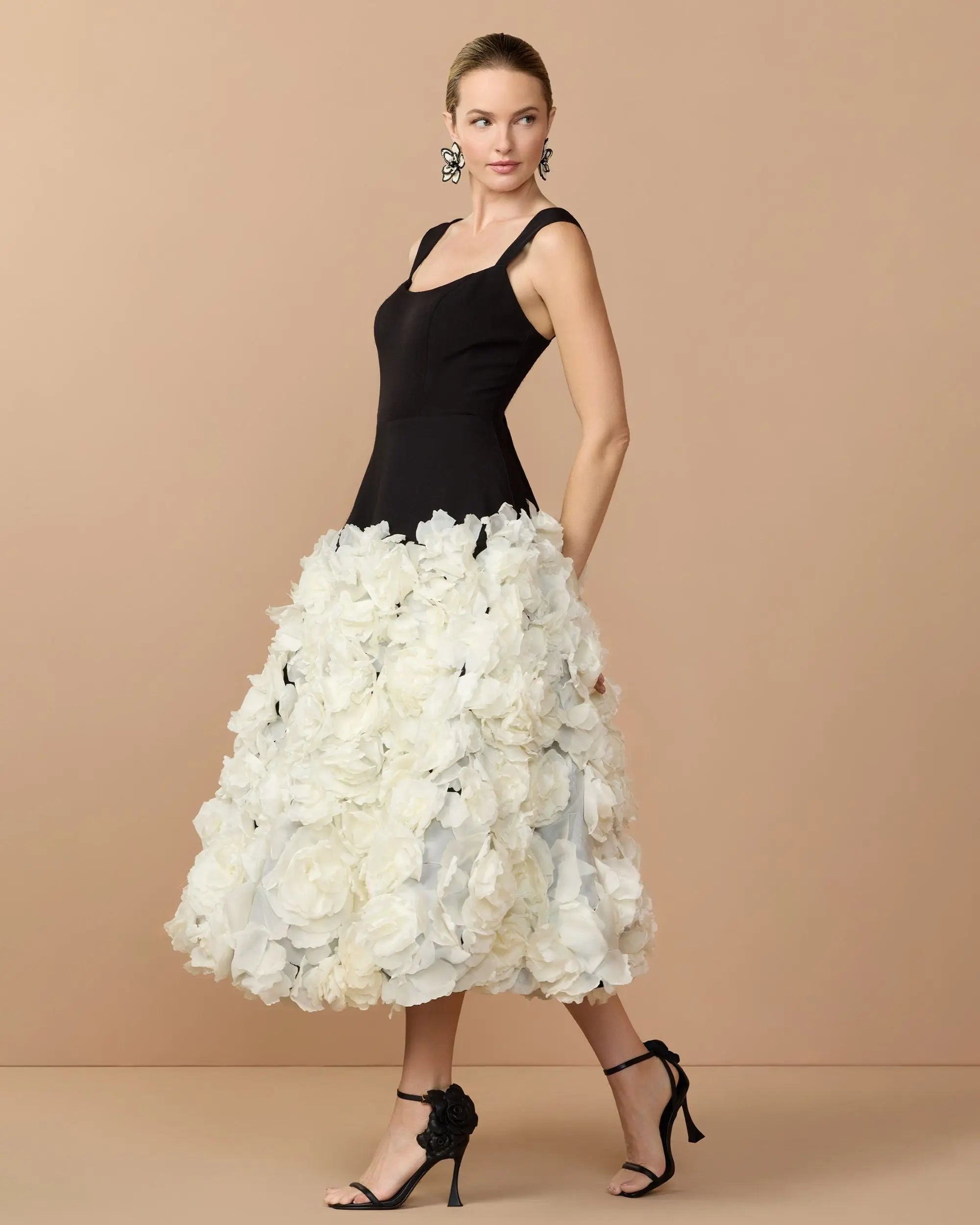 Black Sleeveless A-Line Midi Dress With 3D Floral Skirt