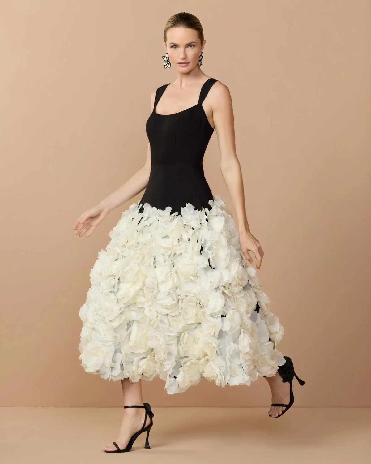 Black Sleeveless A-Line Midi Dress With 3D Floral Skirt