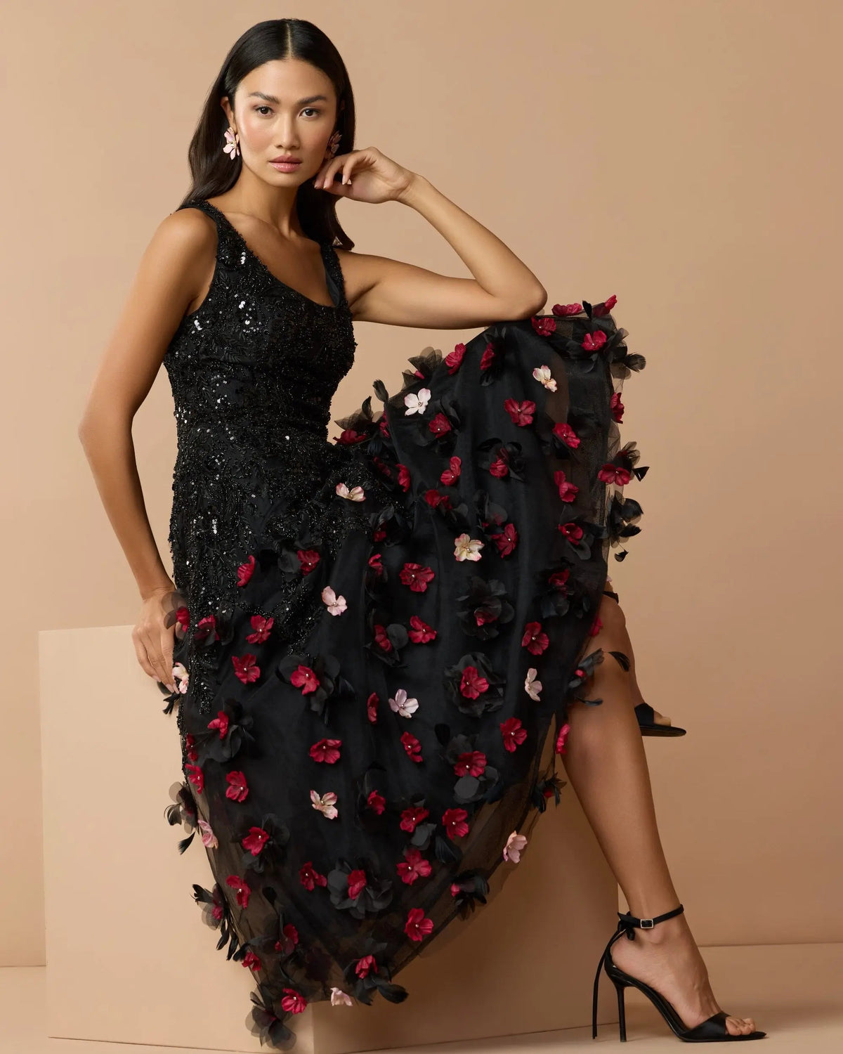 Sleeveless Beaded Midi Dress With 3D Flowers