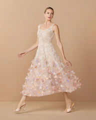 Sleeveless Beaded Midi Dress With 3D Flowers