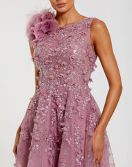 Purple High Neck Embellished Midi Dress with 3D Flower