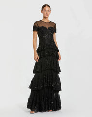 Black Embellished High Neck Gown With Tiered Ruffle Skirt