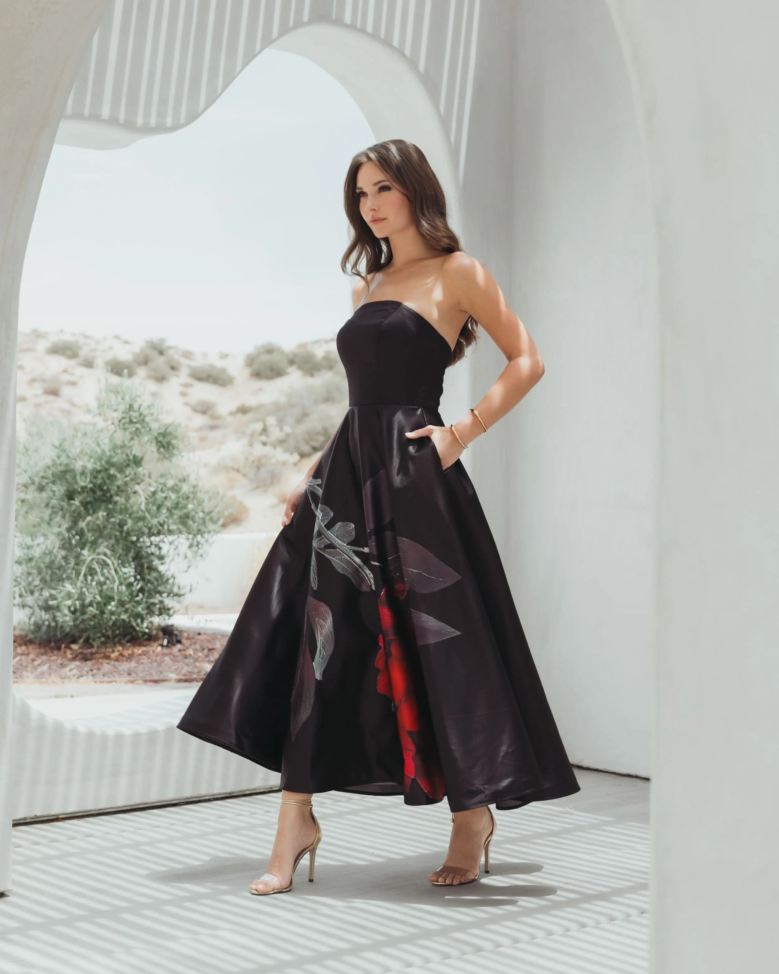 Black Satin Printed Strapless Midi Dress With Pockets