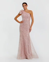 Pink One Shoulder Beaded Mermaid Gown With 3D Flower