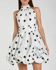 White Polka Dot Halter Mini Dress With 3D Rose