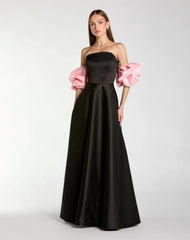 Black Satin Off The Shoulder Puff Sleeve Ball Gown