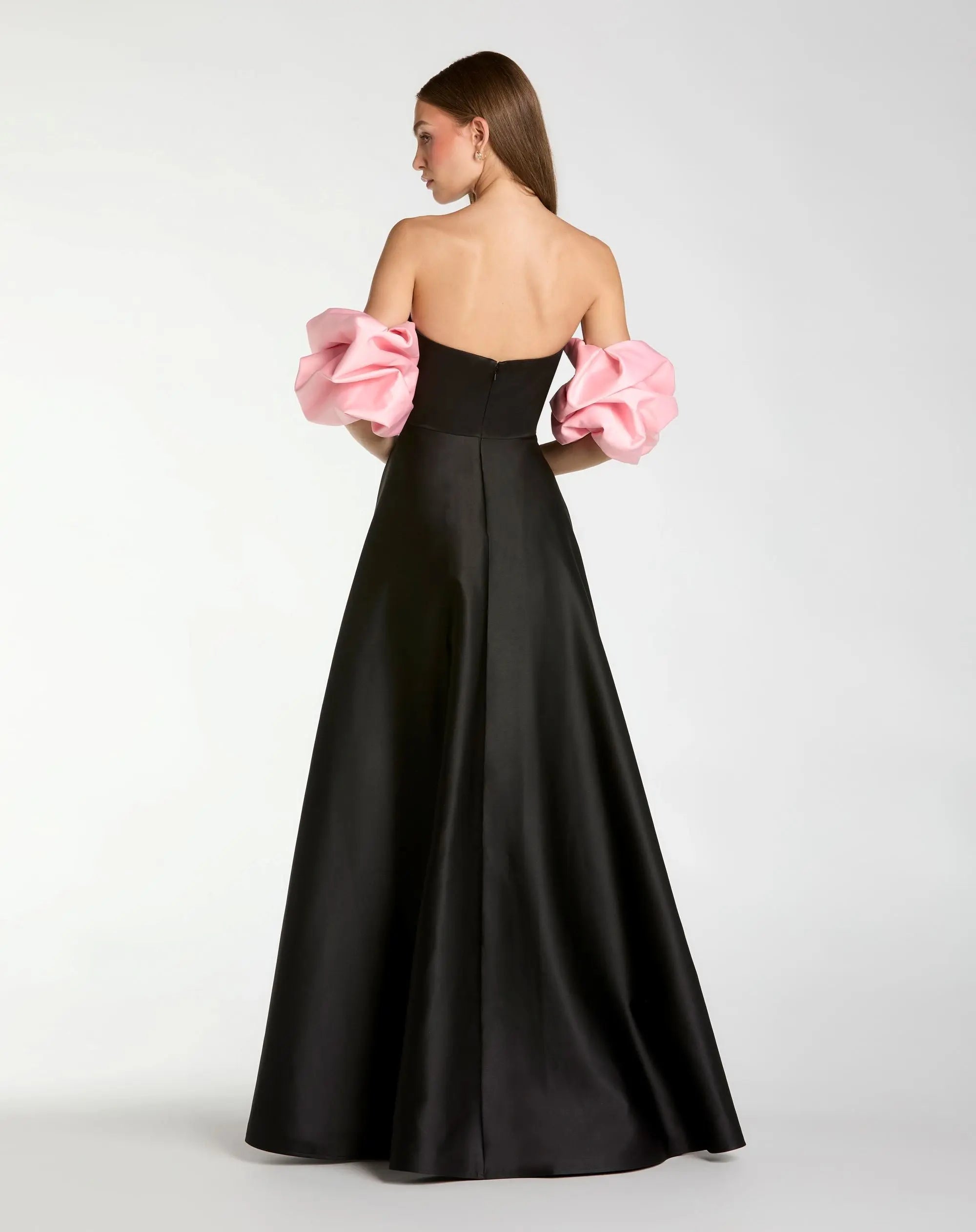 Black Satin Off The Shoulder Puff Sleeve Ball Gown