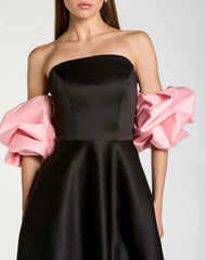 Black Satin Off The Shoulder Puff Sleeve Ball Gown