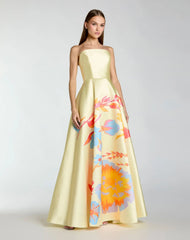Yellow Strapless Mikado Ball Gown With Floral Print