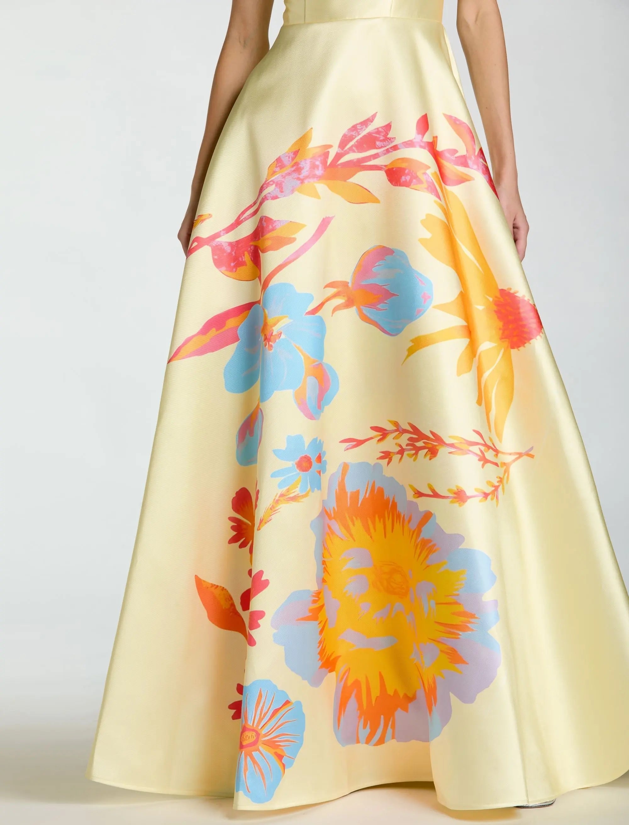 Yellow Strapless Mikado Ball Gown With Floral Print