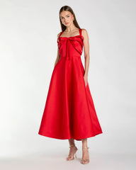 Satin Sleeveless A Line Midi Dress With Bow