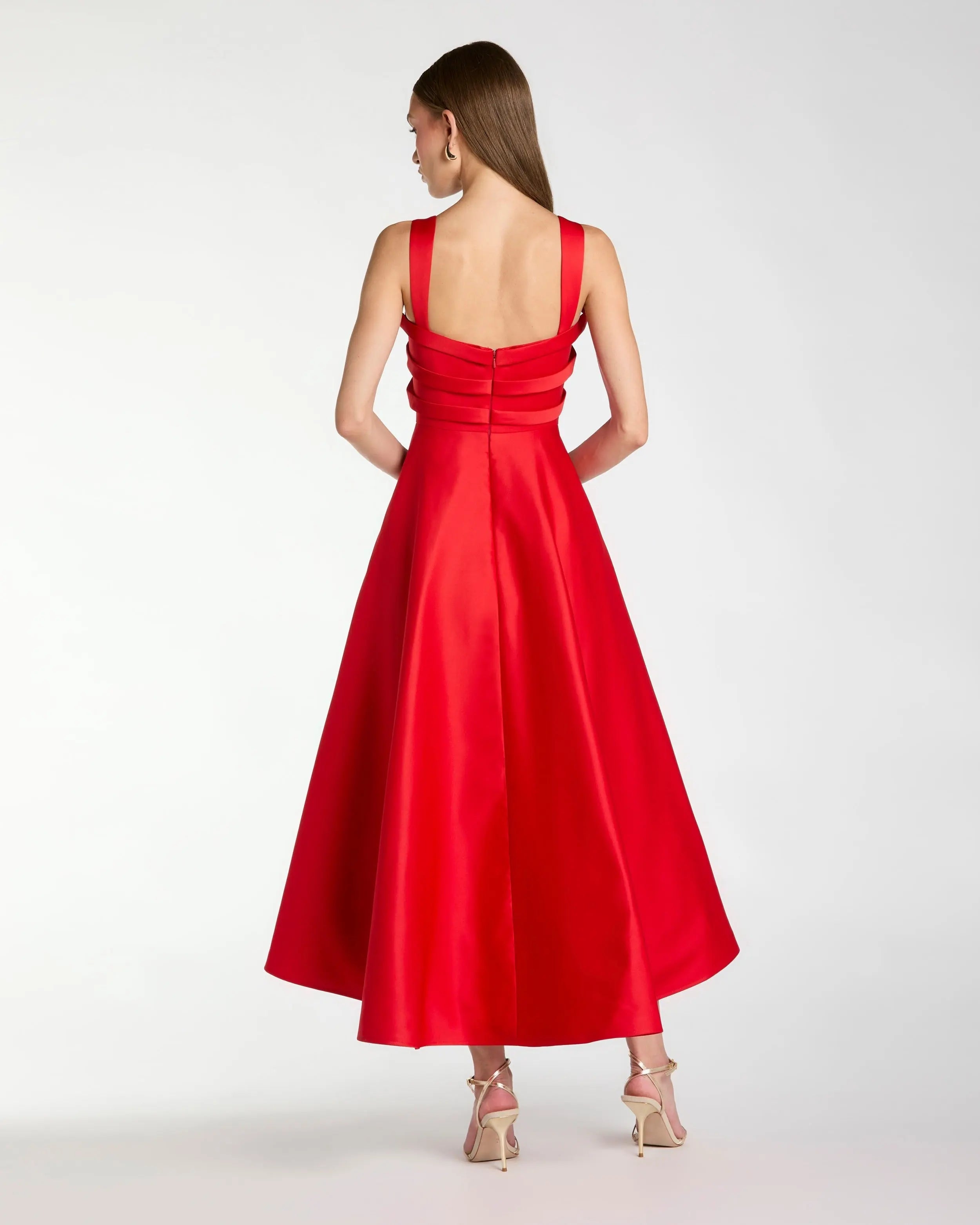 Red Satin Sleeveless A Line Midi Dress With Bow