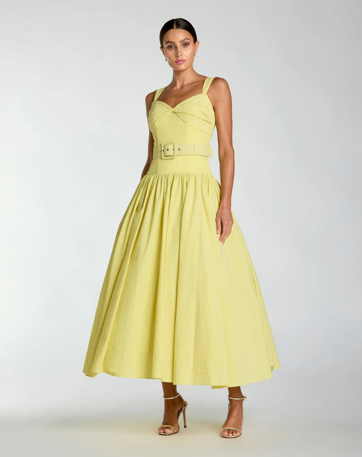Yellow Sleeveless Faille A-Line Midi Dress With Belt