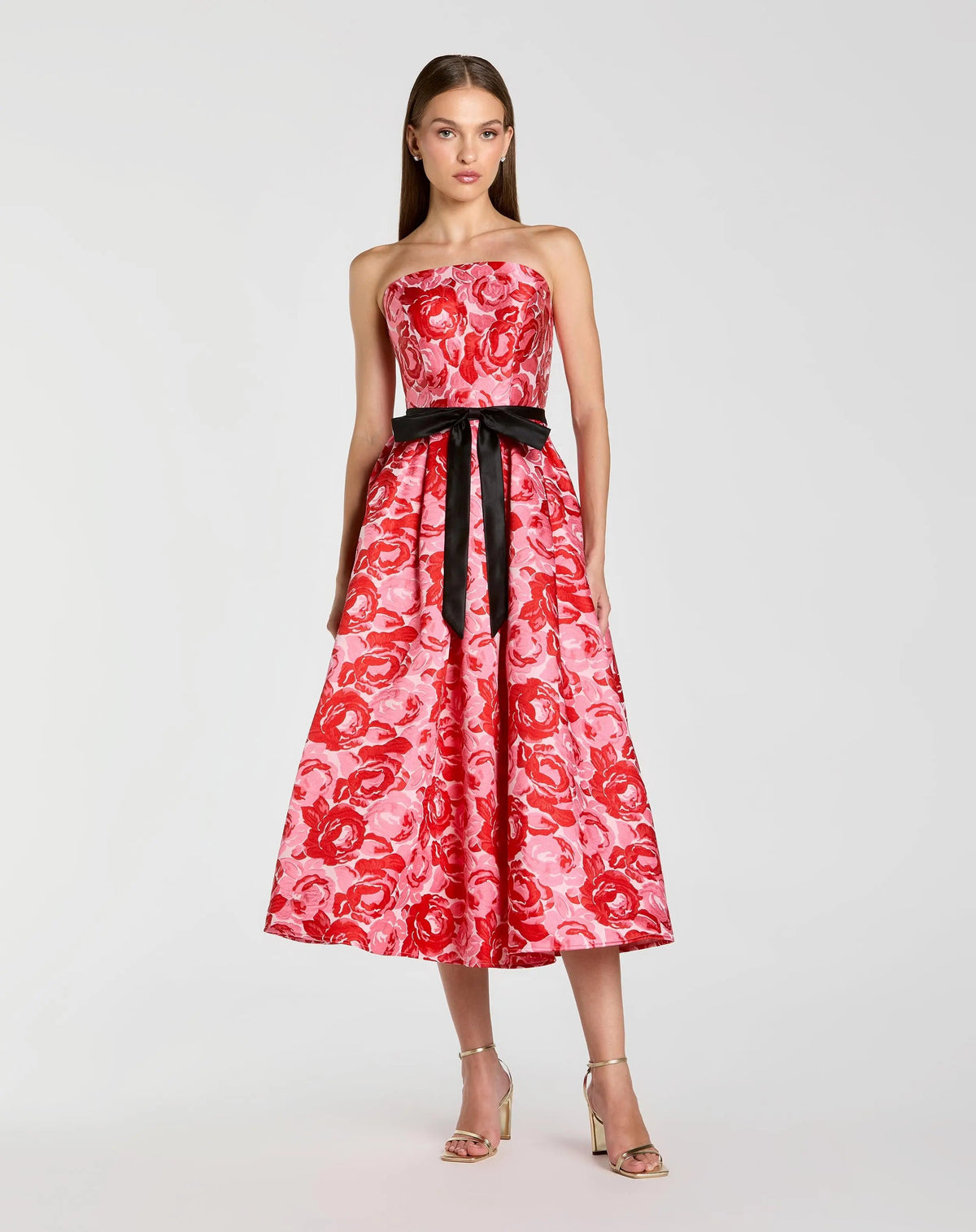 Red Strapless Brocade Midi Dress with Satin Bow