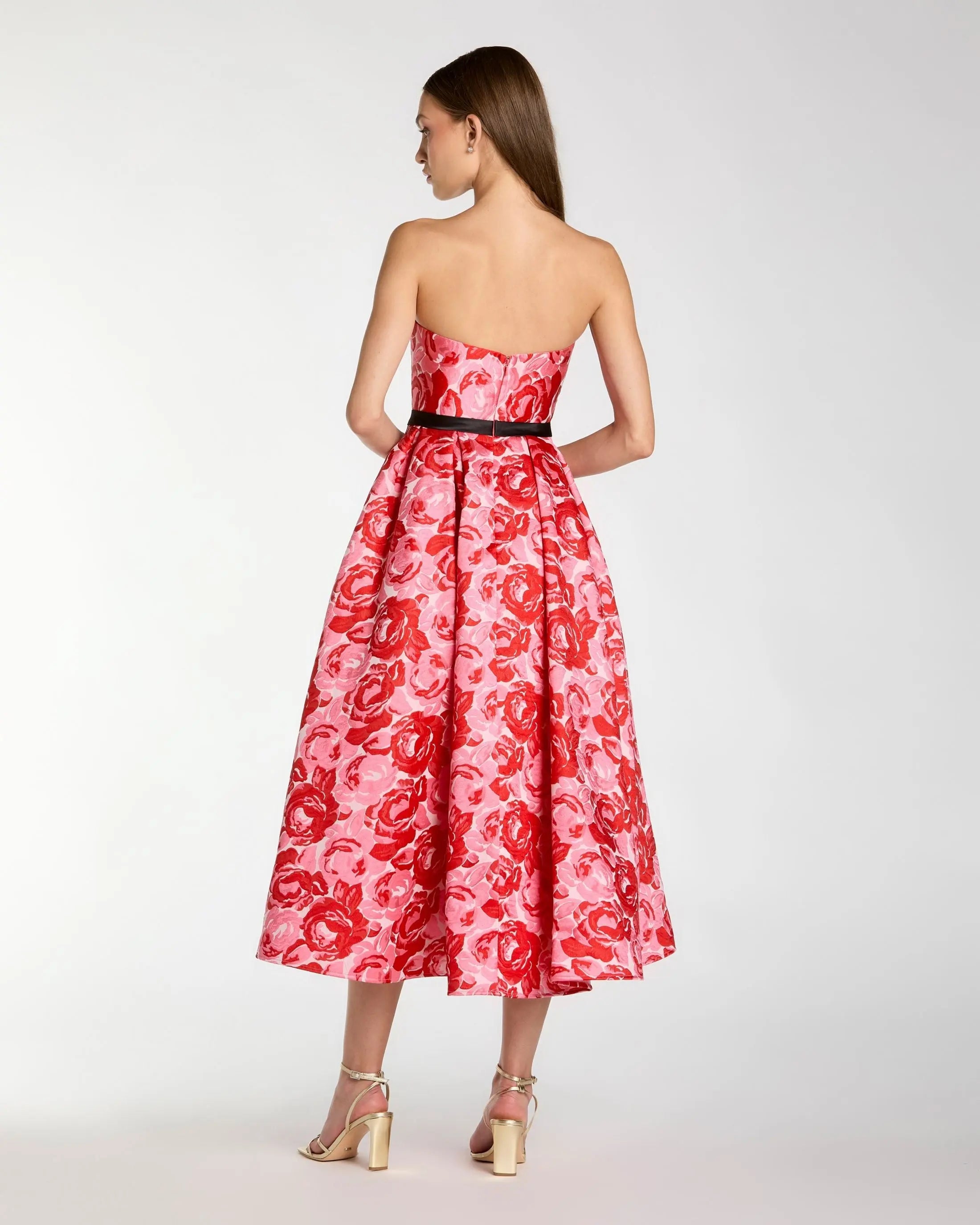Red Strapless Brocade Midi Dress with Satin Bow