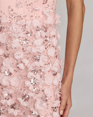 Pink Floral Satin Strapless Sweetheart Gown With Slit