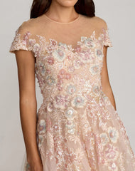 Pink Embroidered Tulle High Neck Cap Sleeve Dress