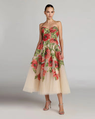 Beige Strapless Floral Embroidered Midi Dress