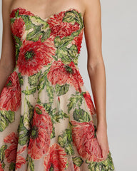 Beige Strapless Floral Embroidered Midi Dress