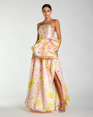 Pink Floral Strapless Bow High Slit Ball Gown