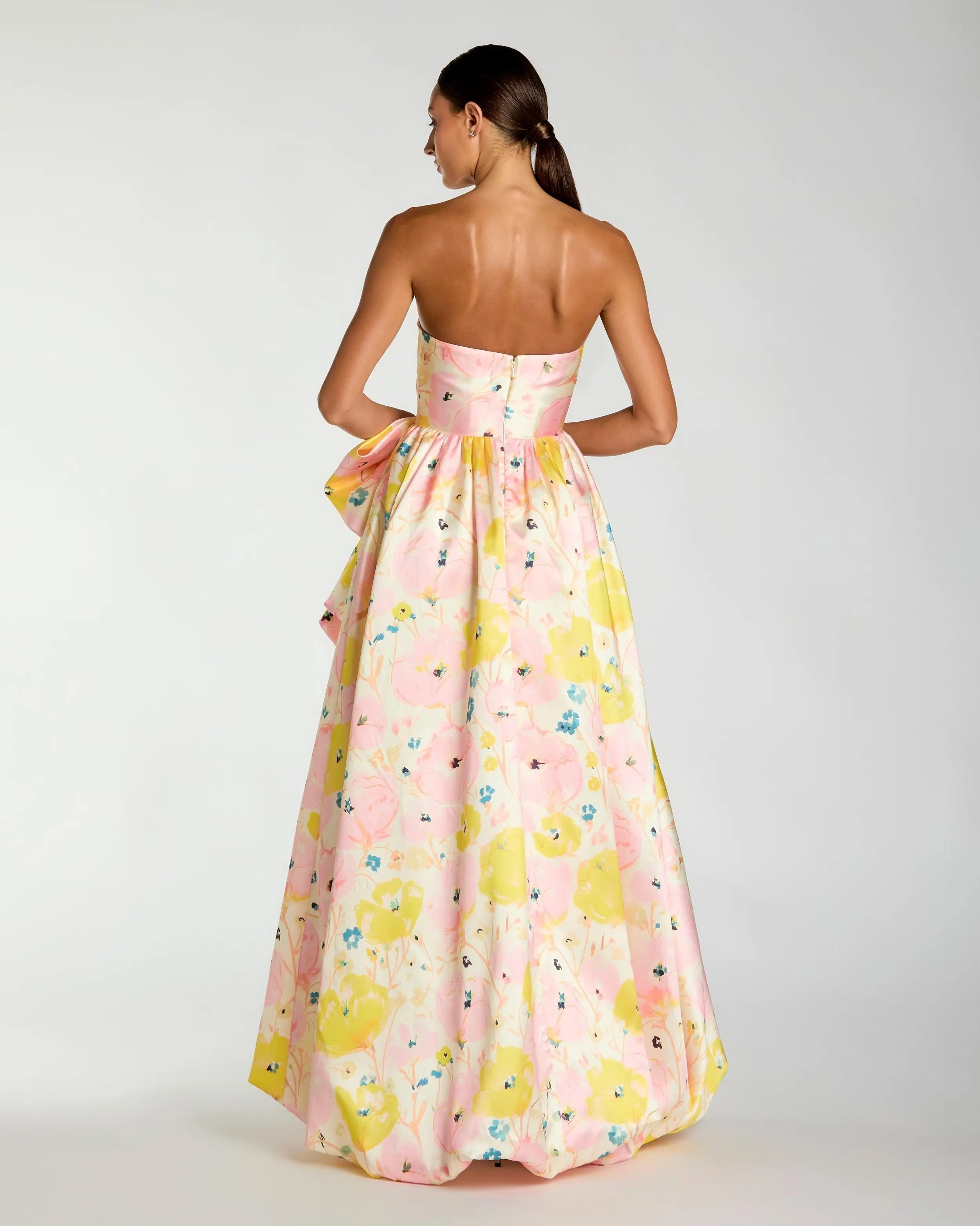 Pink Floral Strapless Bow High Slit Ball Gown