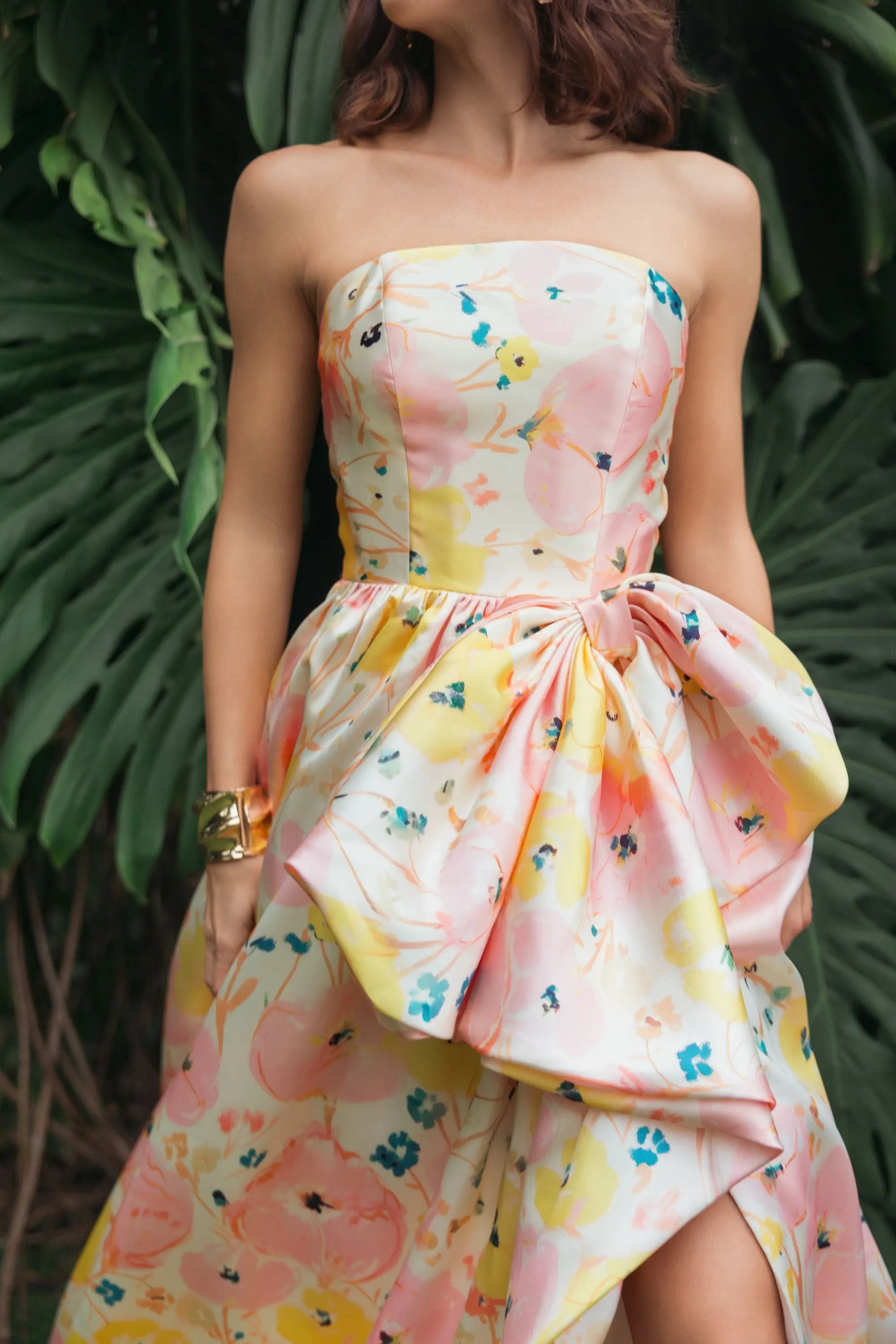 Pink Floral Strapless Bow High Slit Ball Gown