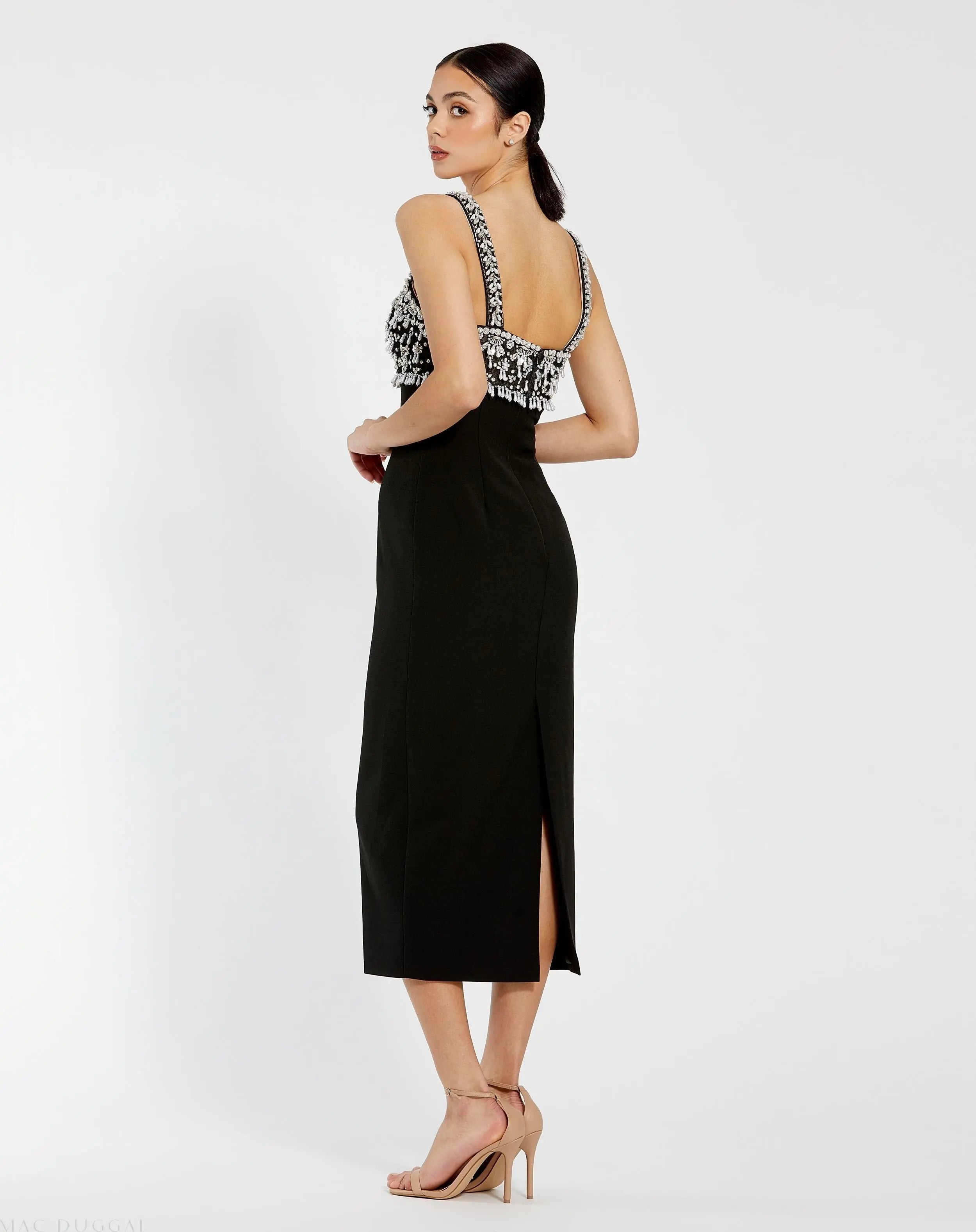 Black Wide Strap Embellished Top Midi Dress