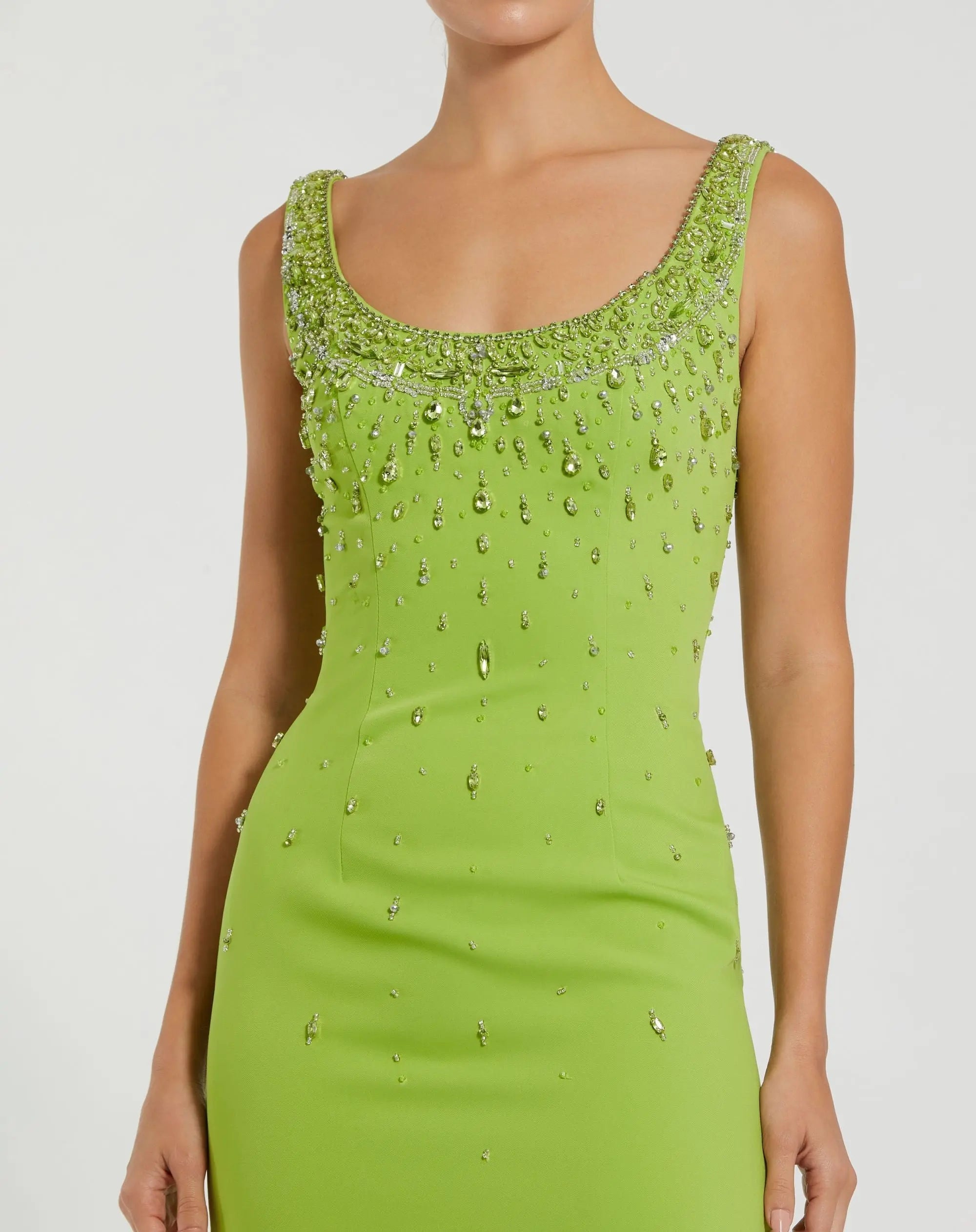 Green Beaded Crepe Scoop Neck Sleeveless Midi Dress