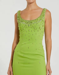 Green Beaded Crepe Scoop Neck Sleeveless Midi Dress