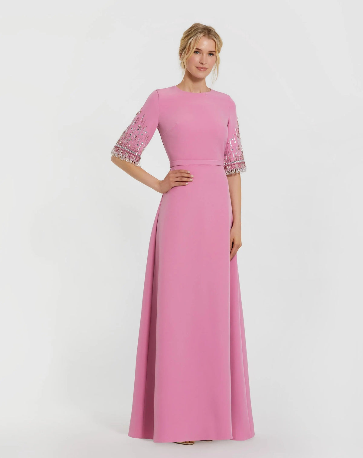 Crepe A Line Gown With Beaded 3/4 Sleeves