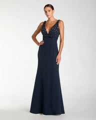 Crepe Sleeveless Beaded V Neck Gown With Bow