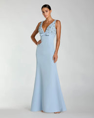 Crepe Sleeveless Beaded V Neck Gown With Bow