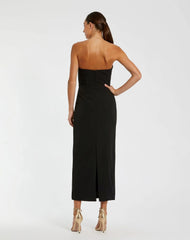Black Strapless Crepe Dress With 3D Satin Flowers