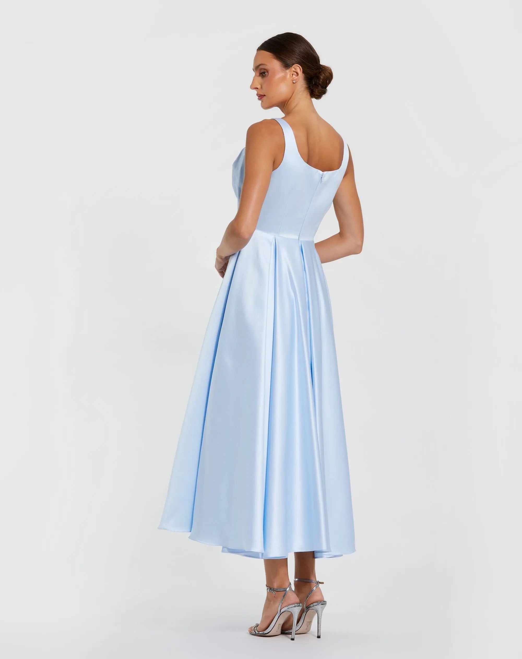 Blue Sleeveless Satin Midi Dress with Bow Detail