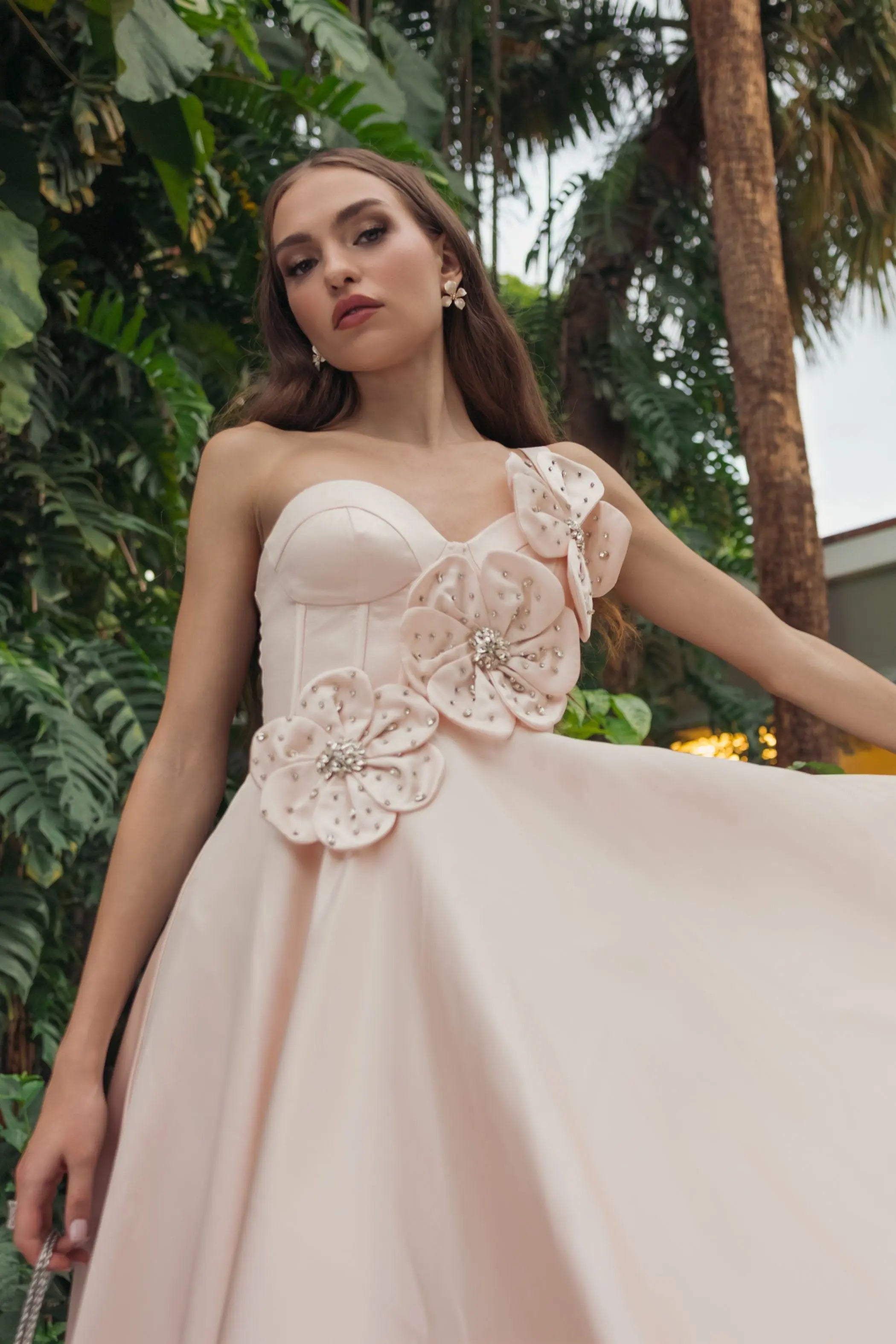 Light Pink Satin Bustier Ball Gown With 3D Flowers