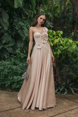 Light Pink Satin Bustier Ball Gown With 3D Flowers