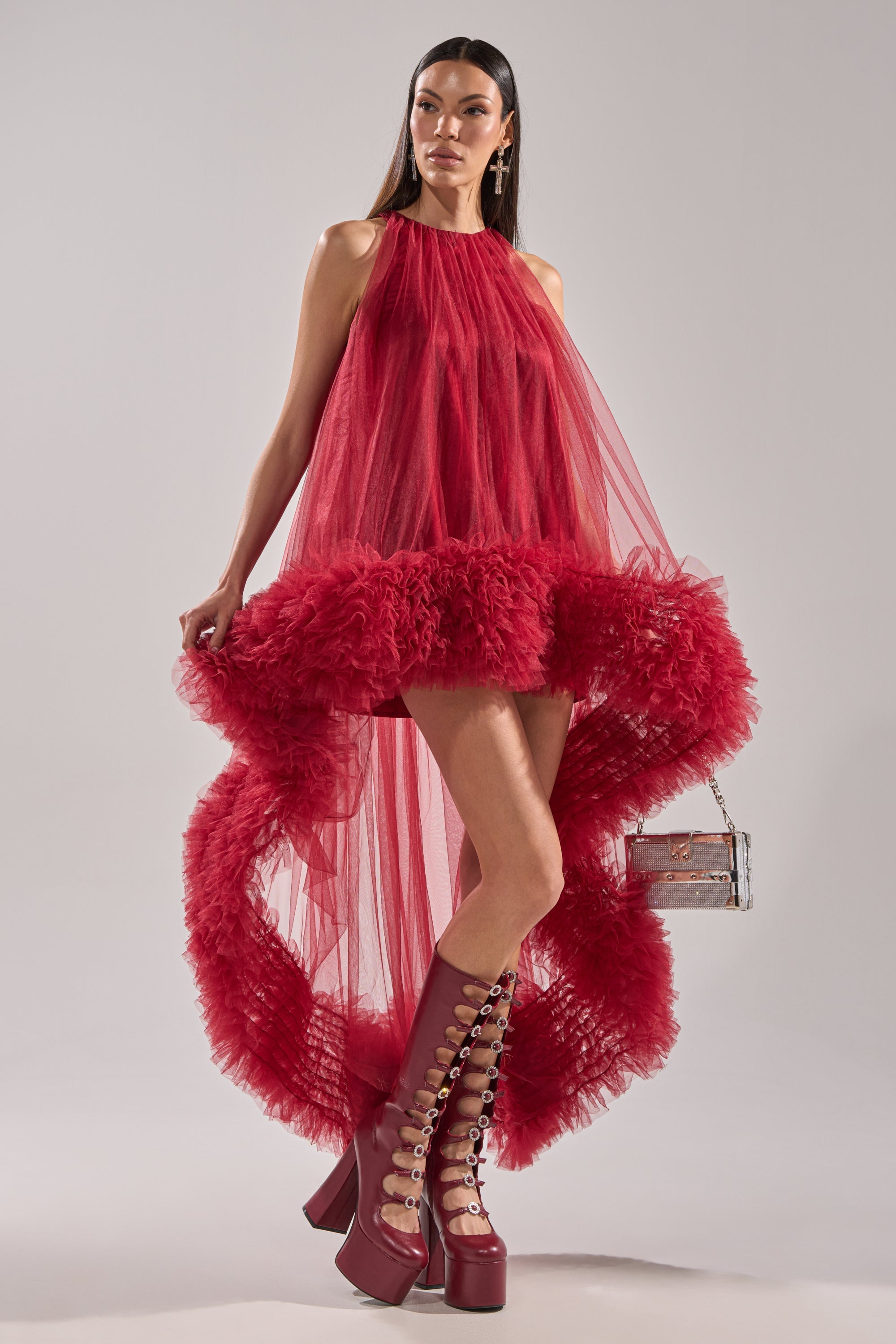 ARI TULLE HIGH LOW DRESS IN BURGUNDY