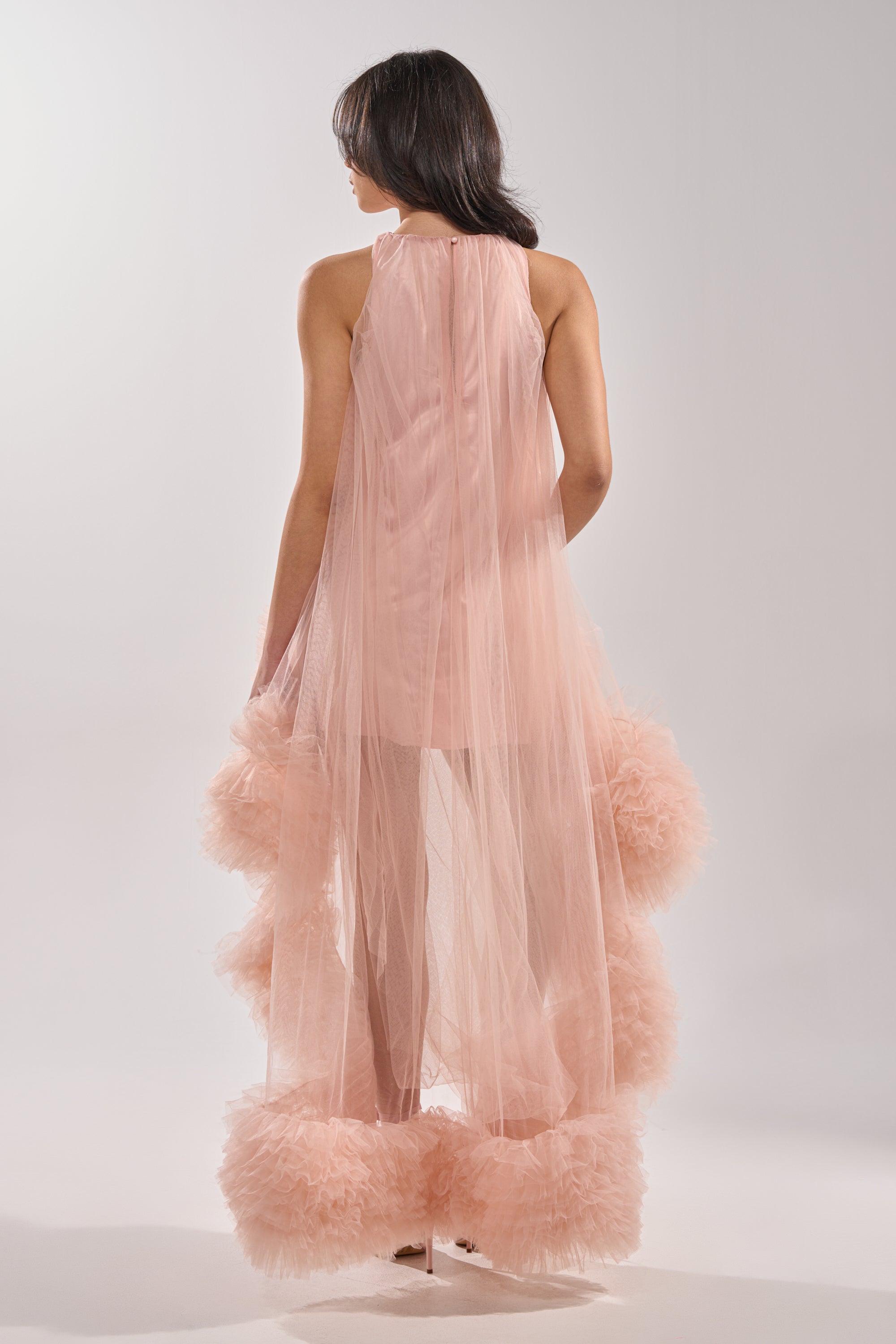 ARI TULLE RUFFLE HIGH LOW MINI DRESS IN BLUSH