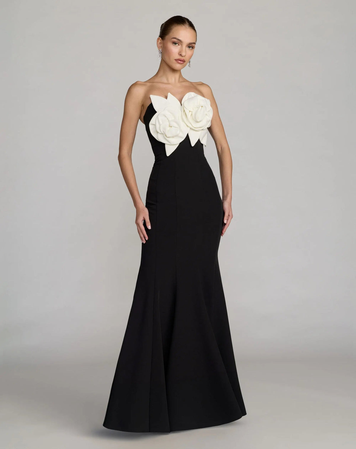Strapless Crepe Mermaid Gown With 3D Flowers