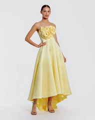 Strapless Satin High Low Gown With 3D Flowers