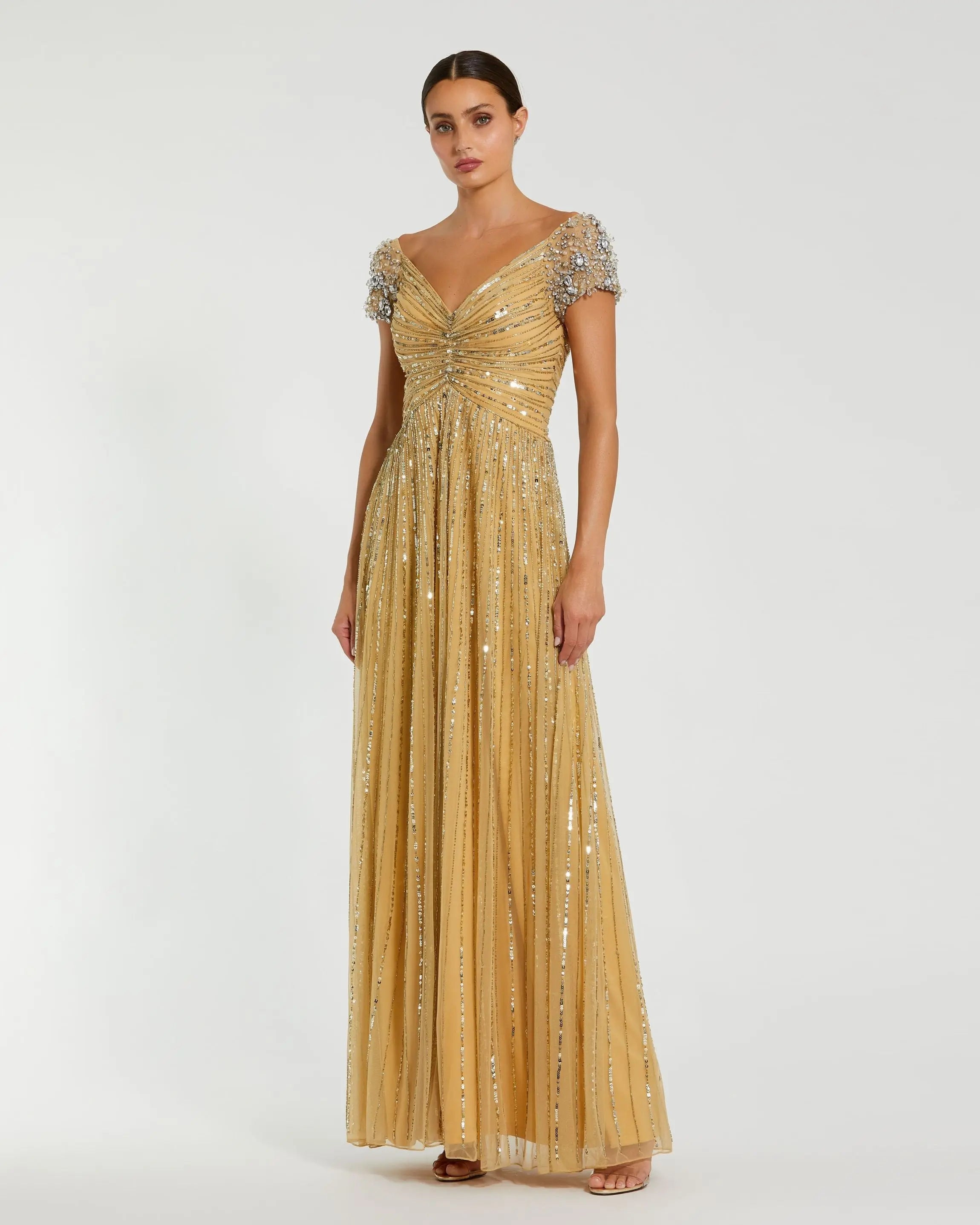 Sequined Evening Gown With Embellished Shoulders