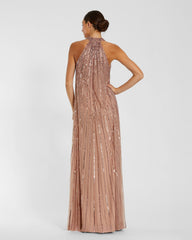 Pink Sleeveless Halter Neck Embellished Trapeze Gown