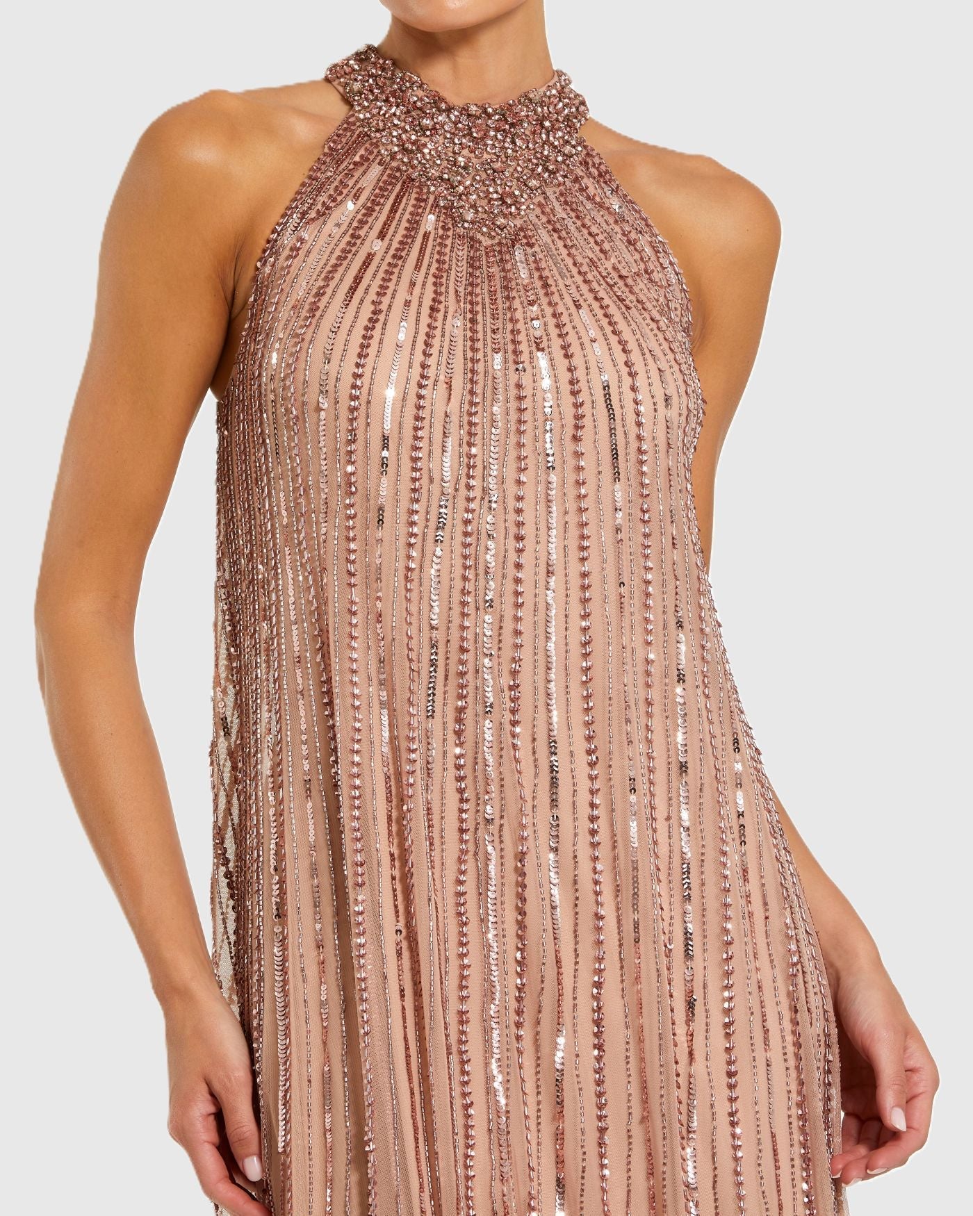 Pink Sleeveless Halter Neck Embellished Trapeze Gown