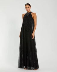 Sleeveless Halter Neck Embellished Trapeze Gown