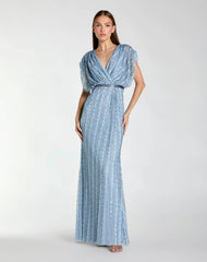 Embellished Blouson V Neck Column Gown