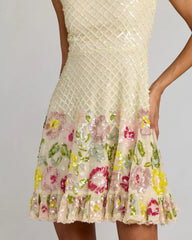 Ivory Floral Sequin Square Neck Mini Dress
