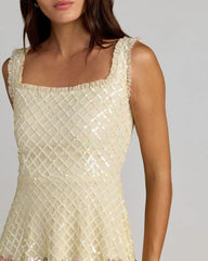 Ivory Floral Sequin Square Neck Mini Dress