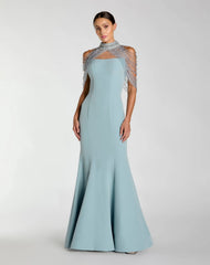 Blue Crepe Mermaid Gown With Crystal Draping