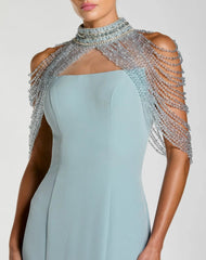 Blue Crepe Mermaid Gown With Crystal Draping